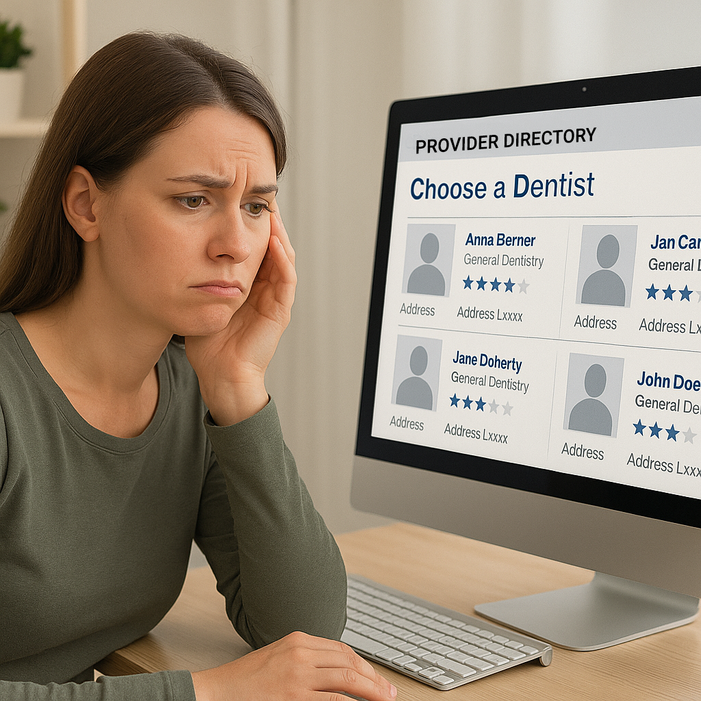 ChatGPT Image woman searching for in-network dentist Can't find us in your dental insurance directory? If you're in a PPO plan, you can still use your benefits here. Call us for details.